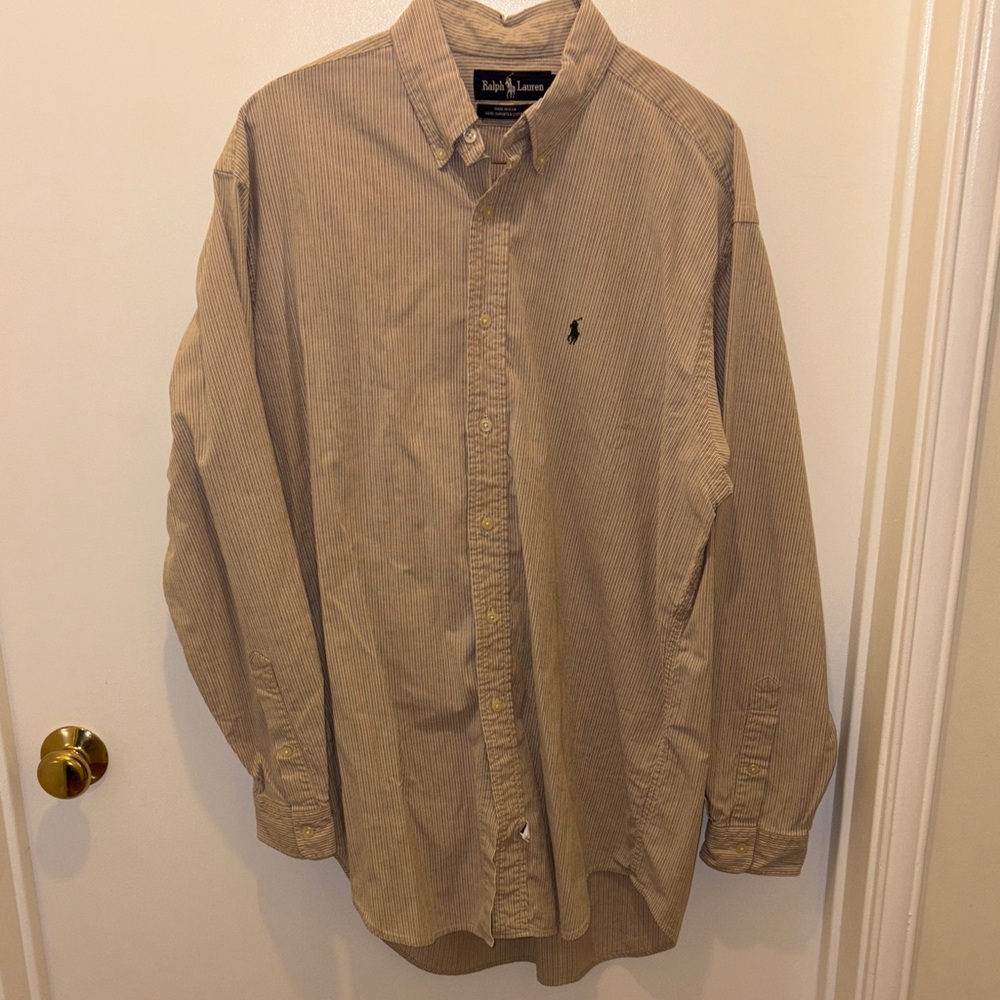Vintage Ralph Lauren Men's Beige Striped Shirt MADE IN USA 100% Imported Cotton